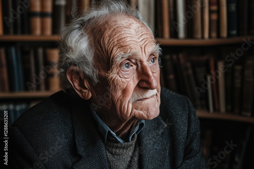 Senior professor looking upwards, contemplating in library