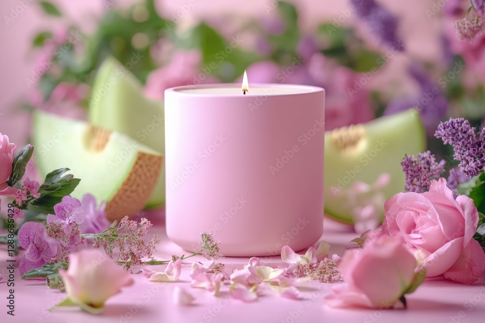 Serene Pink Candle Surrounded by Fresh Flowers and Melon Slices Serene Pink Candle Surrounded by Fresh Flowers and Melon Slices