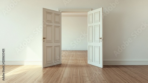 Bright and Spacious Empty Room with Open Doors and Wooden Floor