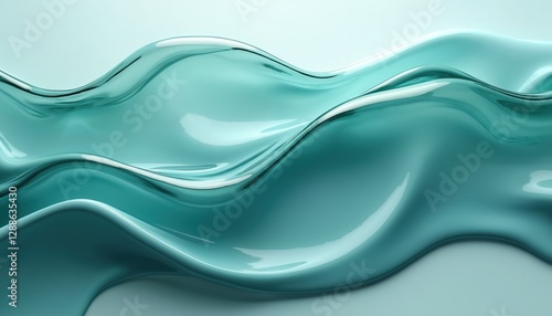 Abstract wavy glass shapes background. Blue, green colors gradient, shiny light effect. Soft curves, smooth lines texture. Minimalist design wallpaper for modern projects, creative artworks, stylish