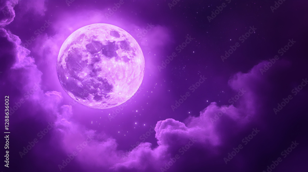 A vibrant purple moon glows against a backdrop of swirling clouds, creating a mystical and enchanting night sky A vibrant purple moon glows against a backdrop of swirling clouds, creating a mystical and enchanting night sky