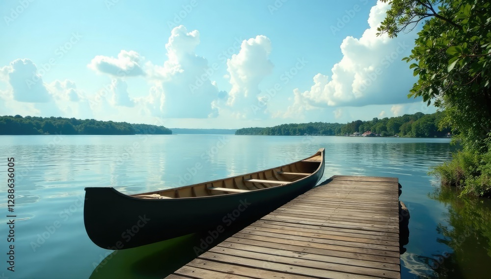 Canoe anchored on maracaibo lake with wooden dock underbridge, serene scene, peaceful atmosphere Canoe anchored on maracaibo lake with wooden dock underbridge, serene scene, peaceful atmosphere