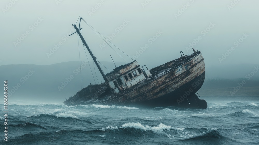 Wrecked Vessel: Old Ship in Stormy Waterscape Wrecked Vessel: Old Ship in Stormy Waterscape