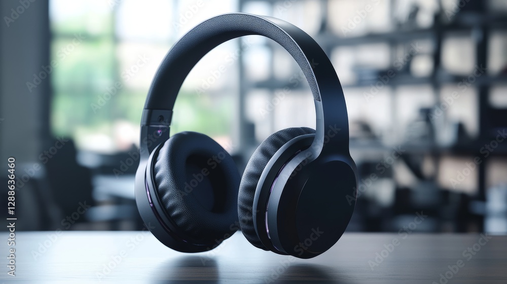 Sleek Headphones on Desk with Blurred Background Sleek Headphones on Desk with Blurred Background