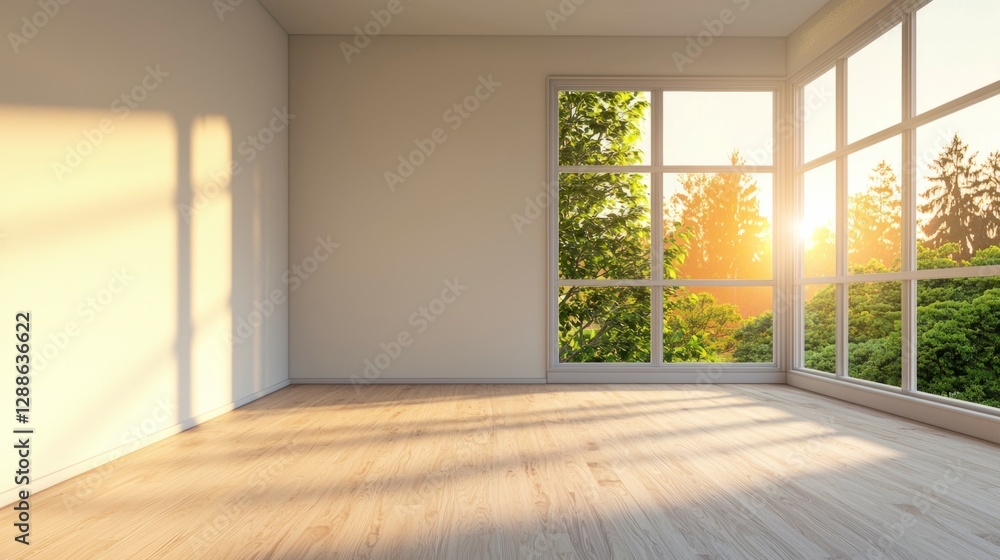 Fototapeta premium Bright and Airy Interior Room with Large Windows and Natural Light