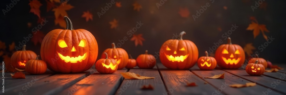 Fototapeta premium Carved pumpkin lanterns glow on a wooden floor, autumn, autumnal