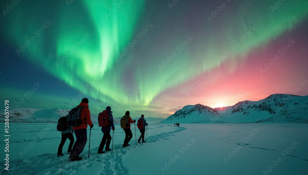 Group of people hikes on snow covered field in arctic region under green aurora borealis lights. Night winter landscape, adventure travel. Northern lights, polar scenery. Group of people hikes on snow covered field in arctic region under green aurora borealis lights. Night winter landscape, adventure travel. Northern lights, polar scenery.