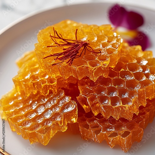 Golden Honeycomb Candies with Saffron Garnish on White Plate Close Up Shot