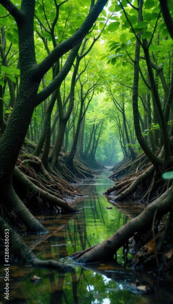 Fototapeta premium Dense mangrove forest with twisted tree trunks and tangled roots, branches, wet