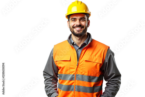 Smiling construction worker wearing helmet and hi-vis jacket isolated on transparent background. Ideal for construction, safety, and industrial websites or banners.