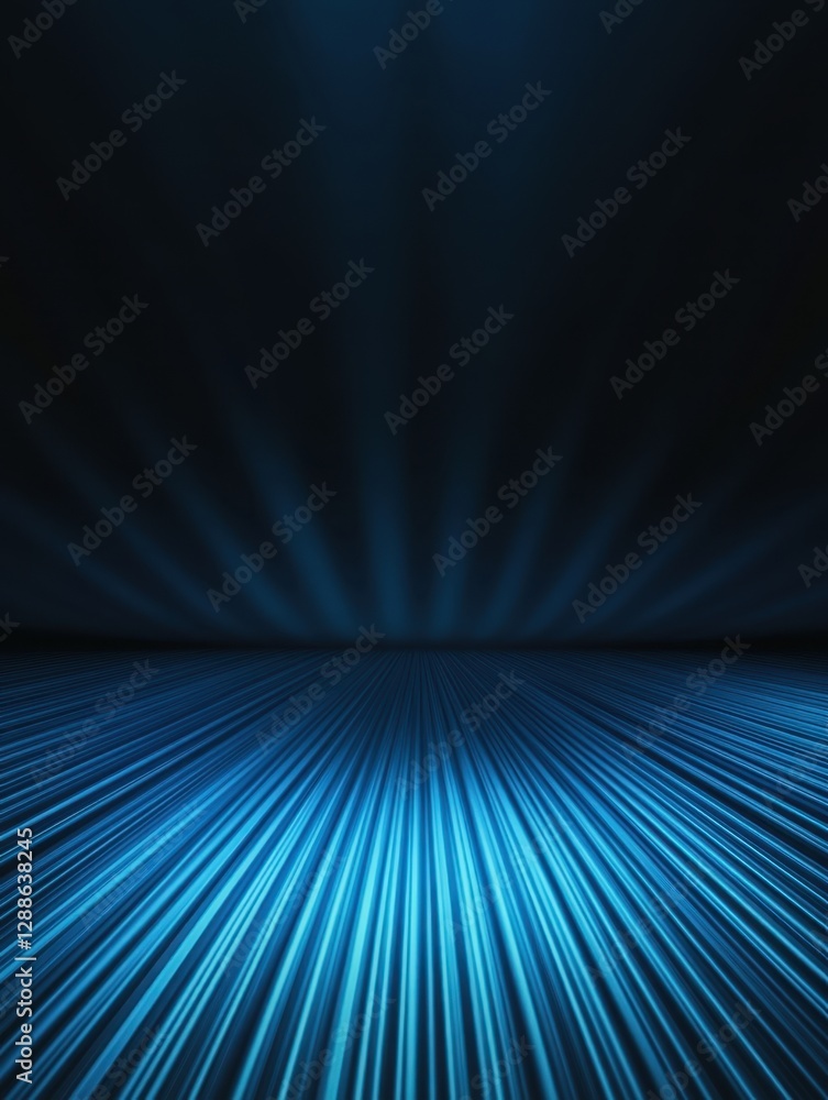 Fototapeta premium Abstract blue light lines converge on the horizon in a dark scene, creating a futuristic feel