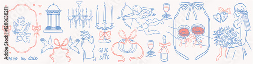 Collection of wedding line art illustrations and frames in doodle ink style . Elegant hand drawn bride, hands with rings, angels and vintage decor for invitations, cards, greetings and placards.
