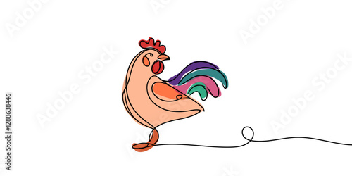 Chickens rooster continuous line drawing and minimalist style isolate outline vector icon