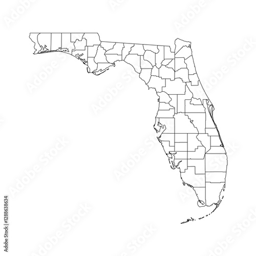Florida, FL - detailed political map of US state. Administrative map divided into counties. Thin blank black outline map. Vector illustration