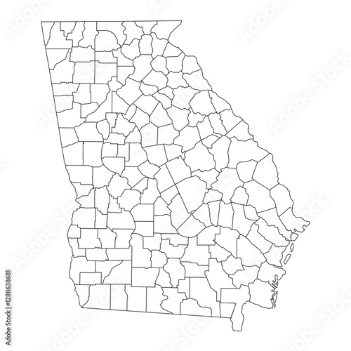 Georgia, GA - detailed political map of US state. Administrative map divided into counties. Thin blank black outline map. Vector illustration