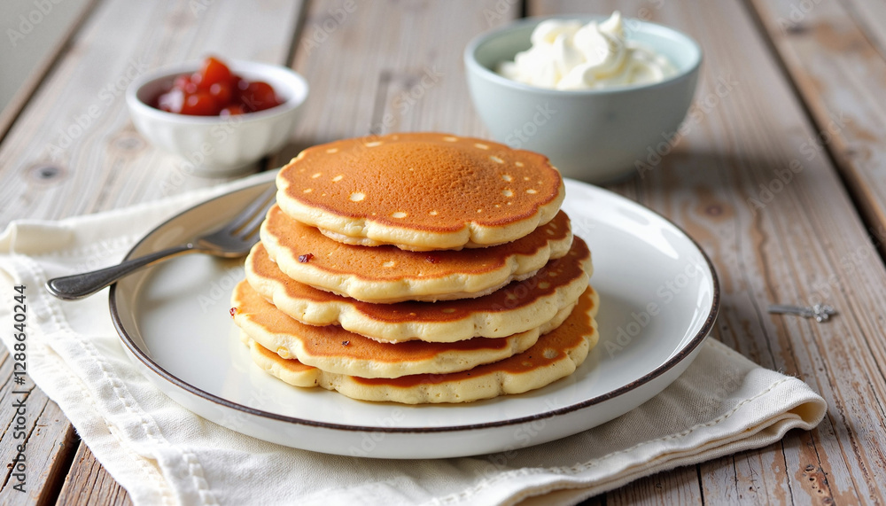 A delicious stack of golden pancakes served with sour cream and strawberry jam on a rustic wooden table, perfect for celebrating Maslenitsa week. A delicious stack of golden pancakes served with sour cream and strawberry jam on a rustic wooden table, perfect for celebrating Maslenitsa week.
