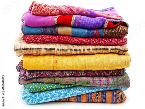 Colorful fabrics stacked on white background