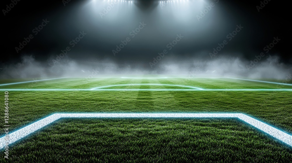 Obraz premium A well-lit football field with vibrant green grass and faint mist, ready for a match under the glow of stadium lights.