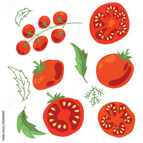 Set of ripe tomatoes. Vegetables. Red tomatoes. Juicy Harvest. Healthy food. Vector on a white background.