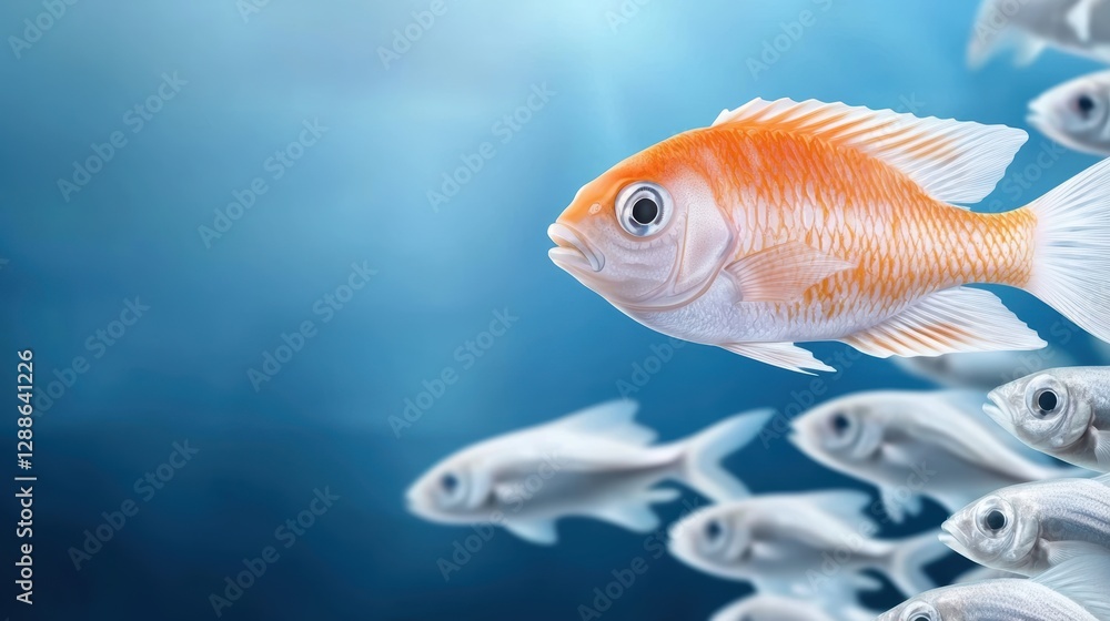 Naklejka premium Orange Fish Swimming Among Silver Fish in Underwater Scene with Soft Blue Background and Gentle Light Reflections