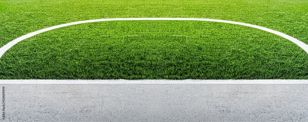 Obraz premium A vibrant green sports field with a curved white line marking the edge, indicating the boundary of play.