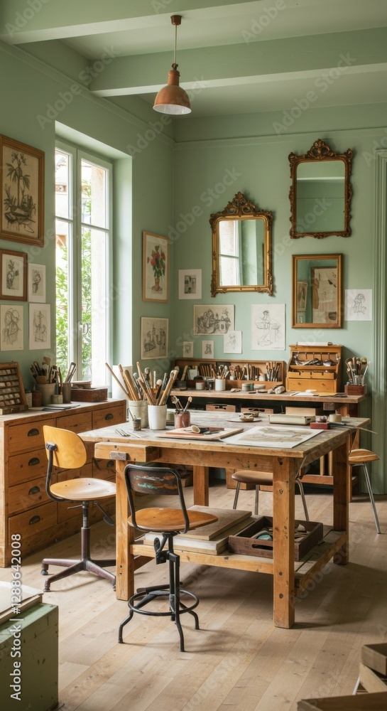 Sage Green Light Wood Art Studio design Mediterranean Retro decor Sage Green Light Wood Art Studio design Mediterranean Retro decor