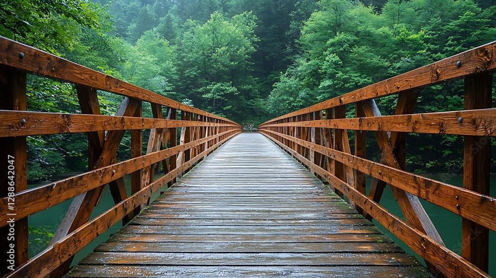 Fototapeta premium Wooden bridge over river, misty forest background, scenic hiking path