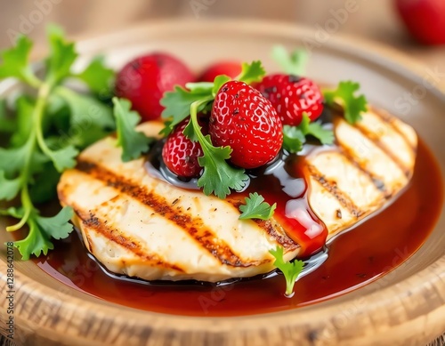 an image of a plate of food with meat and berries on it, there is a plate of food with meat and berries on it photo