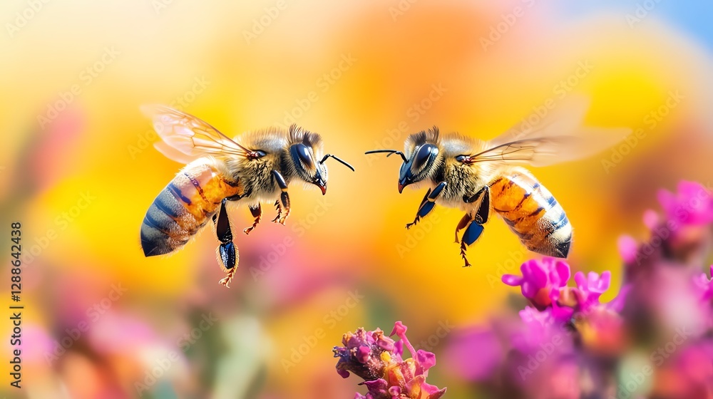 Two worker bees soaring together over a field of colorful blossoms, vibrant backdrop with clear blue sky, showcasing bee wing patterns and flight details Two worker bees soaring together over a field of colorful blossoms, vibrant backdrop with clear blue sky, showcasing bee wing patterns and flight details