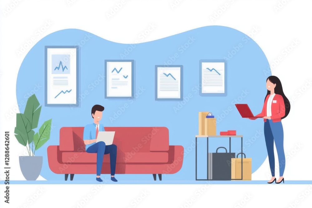 A modern office scene with two individuals working and discussing, featuring charts and a stylish sofa. A modern office scene with two individuals working and discussing, featuring charts and a stylish sofa.