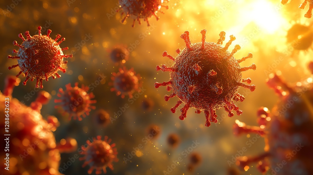 Obraz premium 3D red virus and bacteria particles floating near a towel, vivid details of the particles with a warm, sunny background creating a vibrant, clean atmosphere