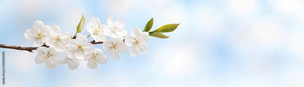 A delicate branch of white blossoms against a soft blue background, evoking feelings of spring and renewal. A delicate branch of white blossoms against a soft blue background, evoking feelings of spring and renewal.