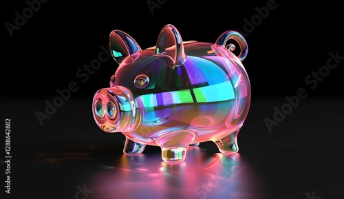 3D render of a colorful glass piggy bank on a black background.