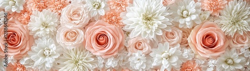 A vibrant arrangement of pink and white flowers, featuring roses and chrysanthemums, creating a soft, romantic atmosphere.