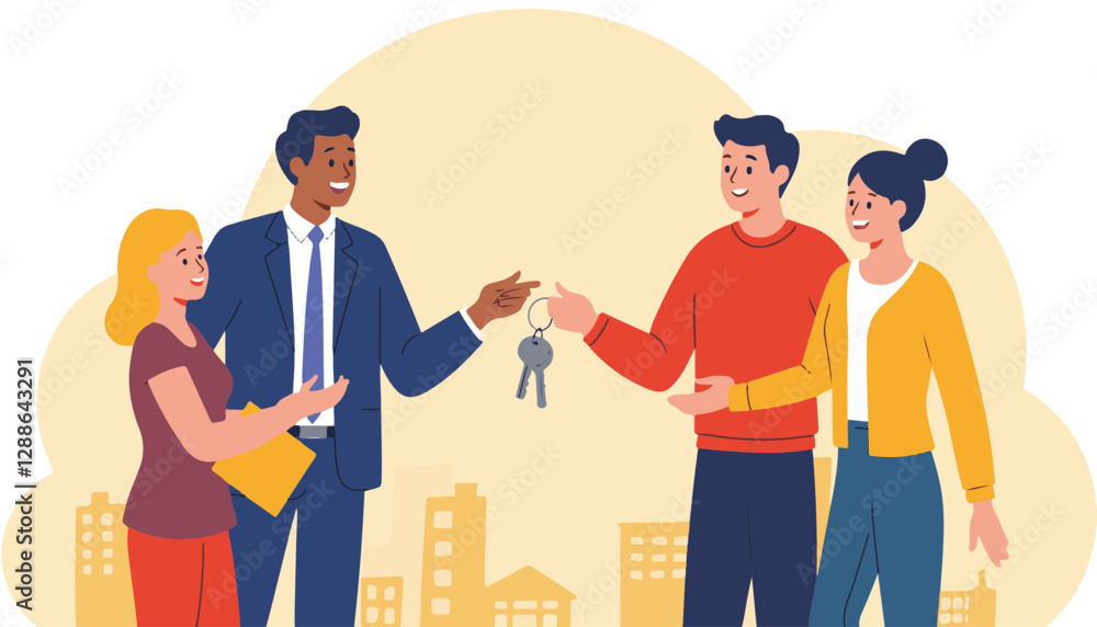 Real estate agent handing keys to happy new homeowners in an urban setting Real estate agent handing keys to happy new homeowners in an urban setting