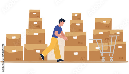 Man moving boxes with a cart in a warehouse