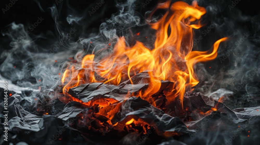 Flames and Smoke Rising from Burning Crumpled Paper in Dark Background Flames and Smoke Rising from Burning Crumpled Paper in Dark Background