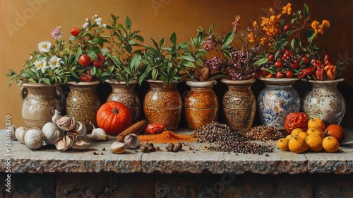 Still life of herbs, spices, and flowers in rustic pots. A visual representation of culinary ingredients and natural beauty, ideal for food or home décor.