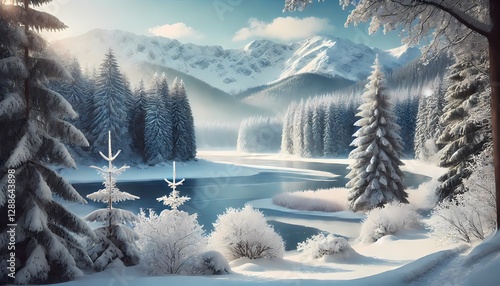 A breathtaking winter wallpaper featuring a frozen lake partially covered in ice, surrounded by snow-covered pine trees under a clear blue sky, creating a peaceful and serene background