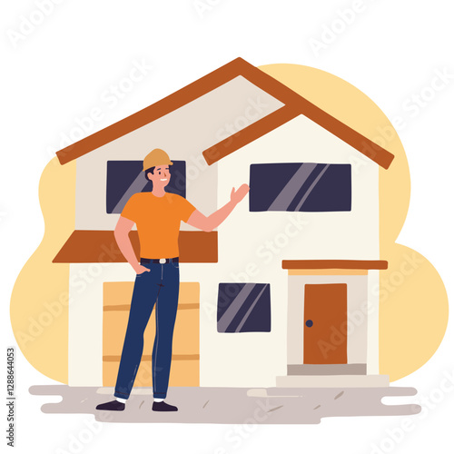 Construction worker pointing at a house illustration