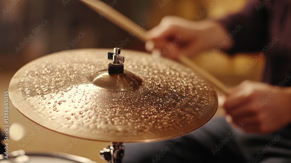 Obraz premium Drummer plays hi-hat cymbal in dimly lit studio