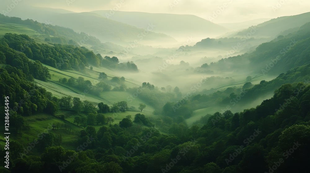 Fototapeta premium Ethereal Valleys: Misty Green Hills