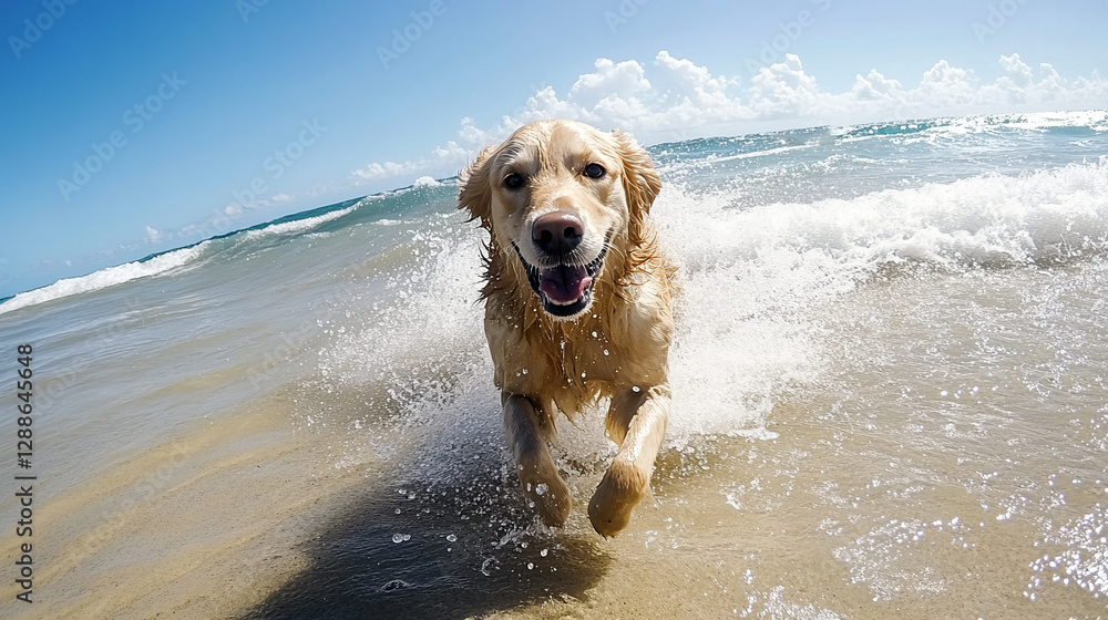 a dog running in the ocean on a sunny day. a dog running in the ocean on a sunny day.