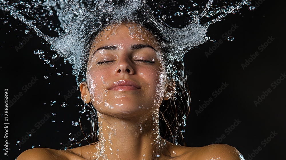 Obraz premium Woman, water splash, face, beauty, studio, cleanse, ad, black background, freshness