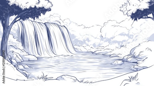 Serene waterfall in lush forest with tranquil river and trees