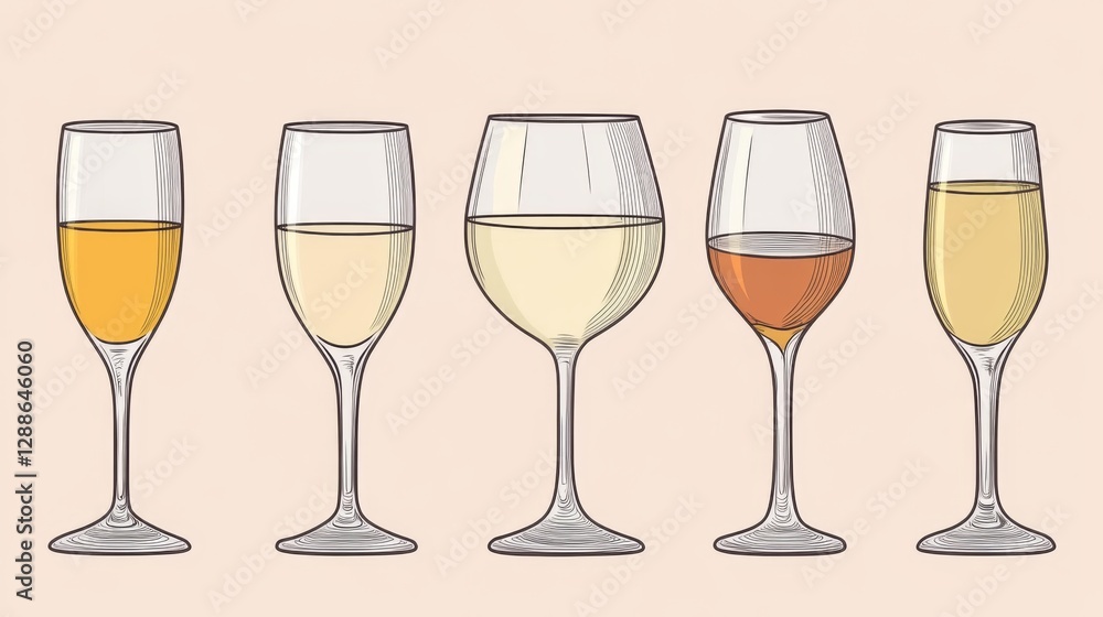 Variety of wine glasses with different drinks displayed side by side Variety of wine glasses with different drinks displayed side by side