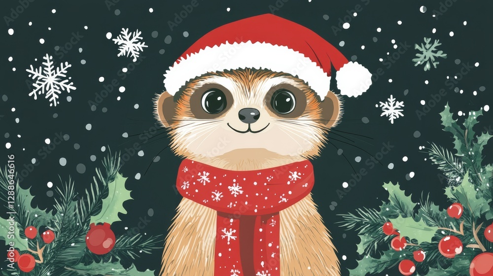 Cute ferret in santa hat and scarf surrounded by snowflakes and holly Cute ferret in santa hat and scarf surrounded by snowflakes and holly