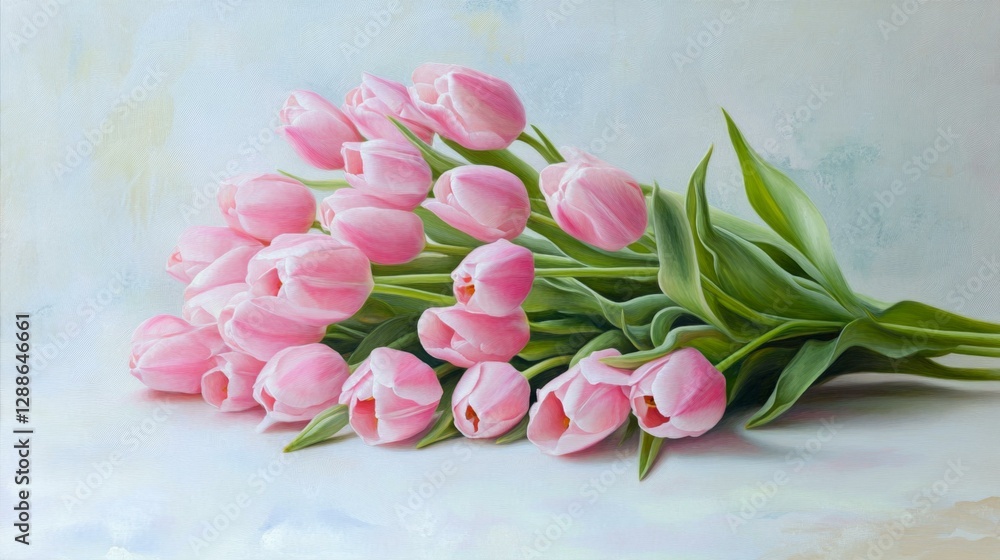 Obraz premium Exquisite Pink Tulips Displayed in an Artistic Arrangement for a Floral Still Life Painting