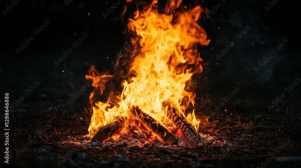 Bright Flames Erupting from a Campfire in a Dark Forest Setting Bright Flames Erupting from a Campfire in a Dark Forest Setting