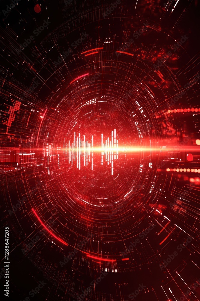 Obraz premium Abstract digital art depicting a vibrant red sound wave pattern in a futuristic setting